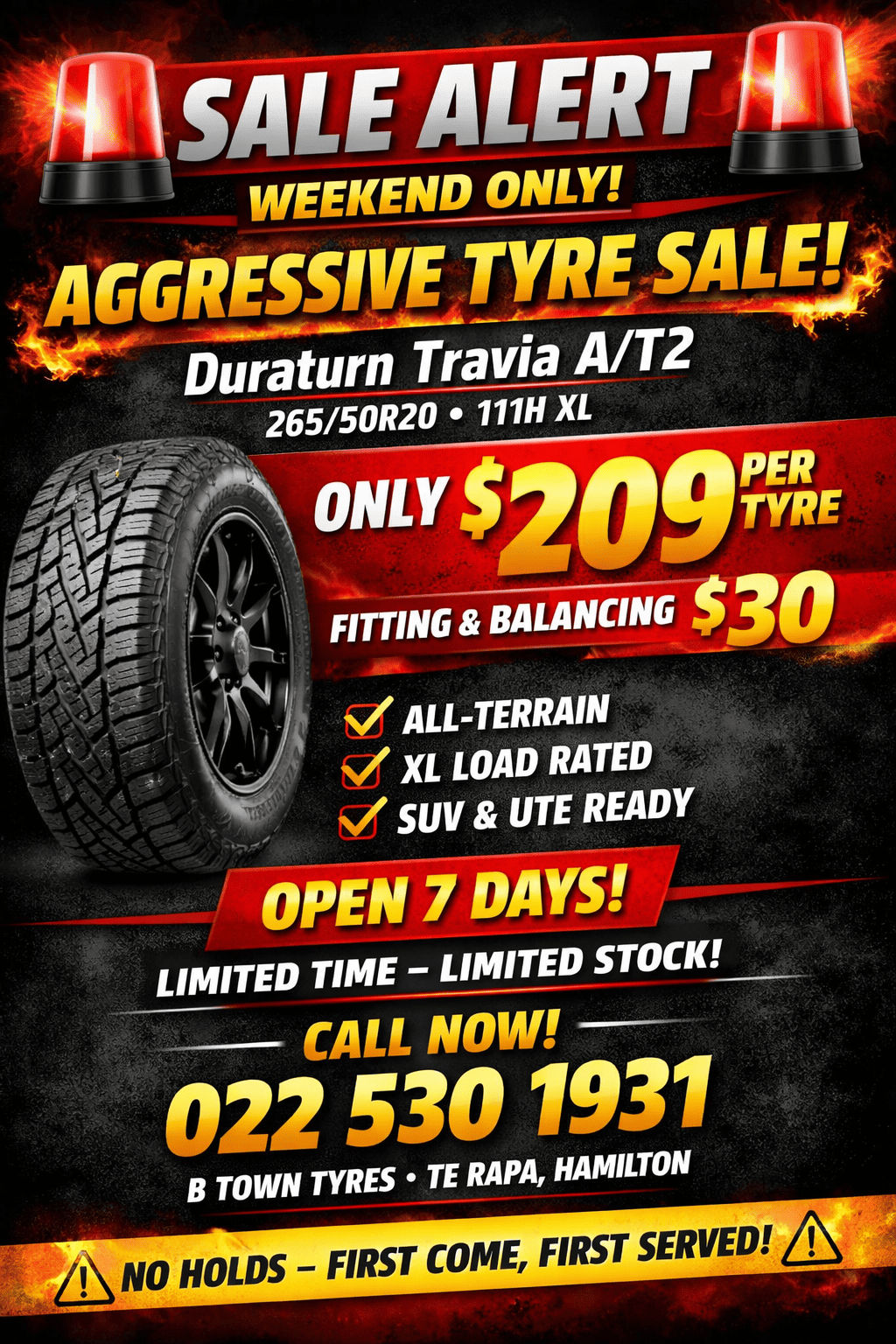 Weekend Tyre Sale Hamilton – Duraturn Travia A/T2 265/50R20 Only $209 | Btown Tyres Hamilton NZ