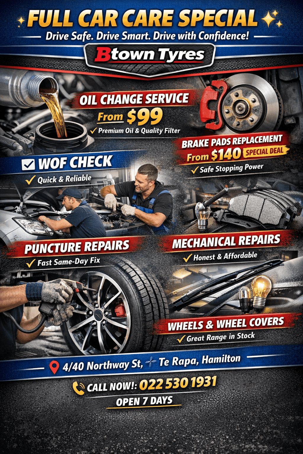 Car service Hamilton Mechanic Hamilton NZ WOF check Hamilton Tyre puncture repair Hamilton Affordable mechanic Te Rapa Wheels and wheel covers Hamilton