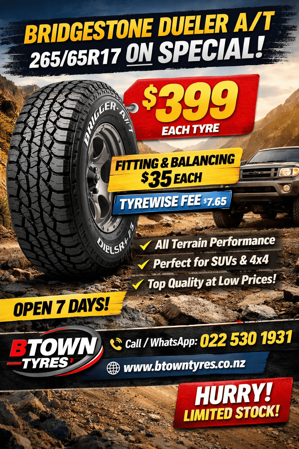 Cheap Bridgestone 26565R17 Tyres Hamilton NZ Best tyre shop Hamilton NZ