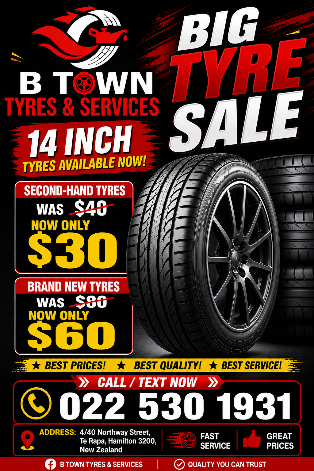 Mega Tyre Sale in Te Rapa Hamilton 14 Inch Brand New & Second-Hand Tyres from $30 Btown Tyres & Service