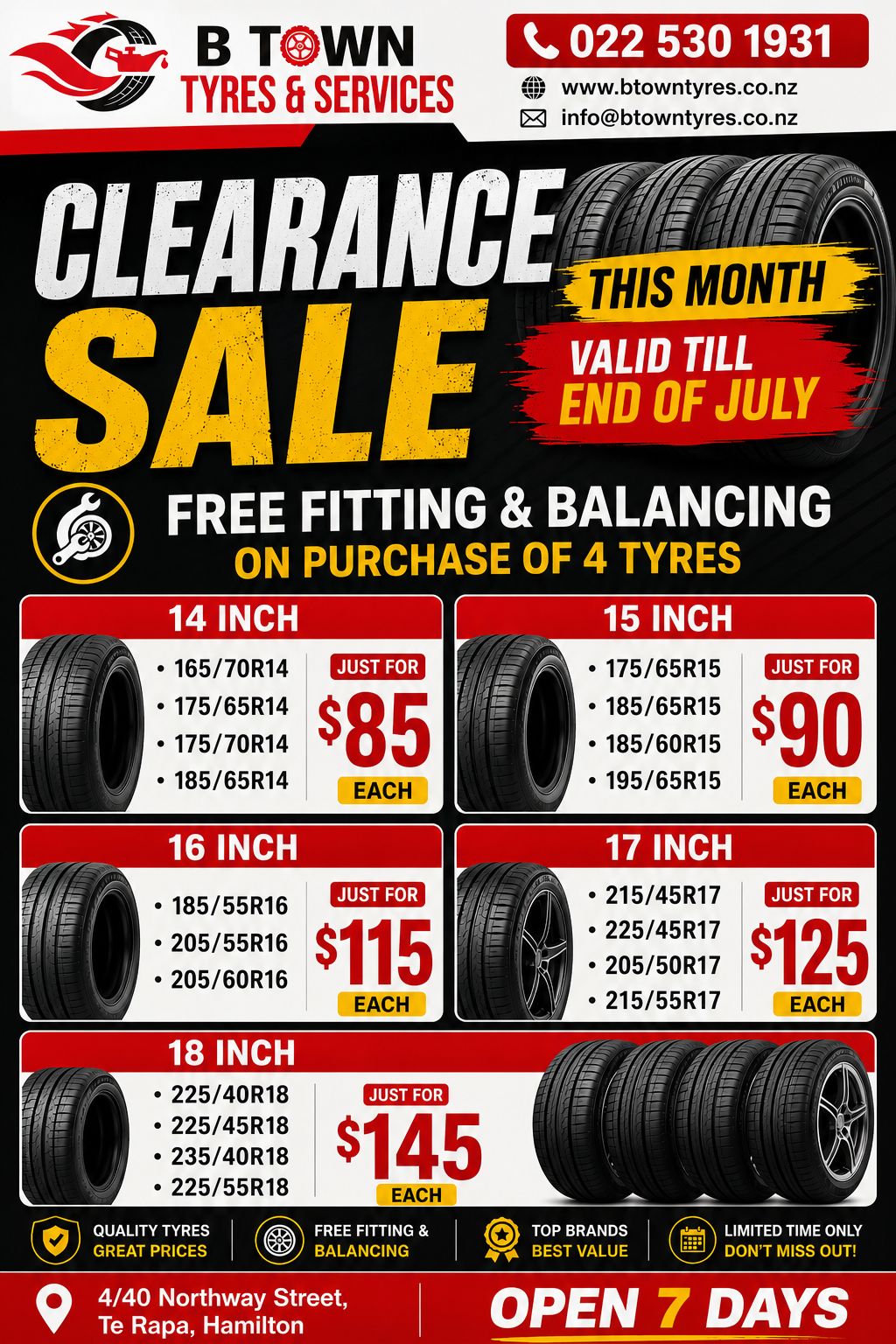 July Tyre Clearance Sale in Hamilton – Premium Tyres at Unbeatable Prices B Town Tyres & Services