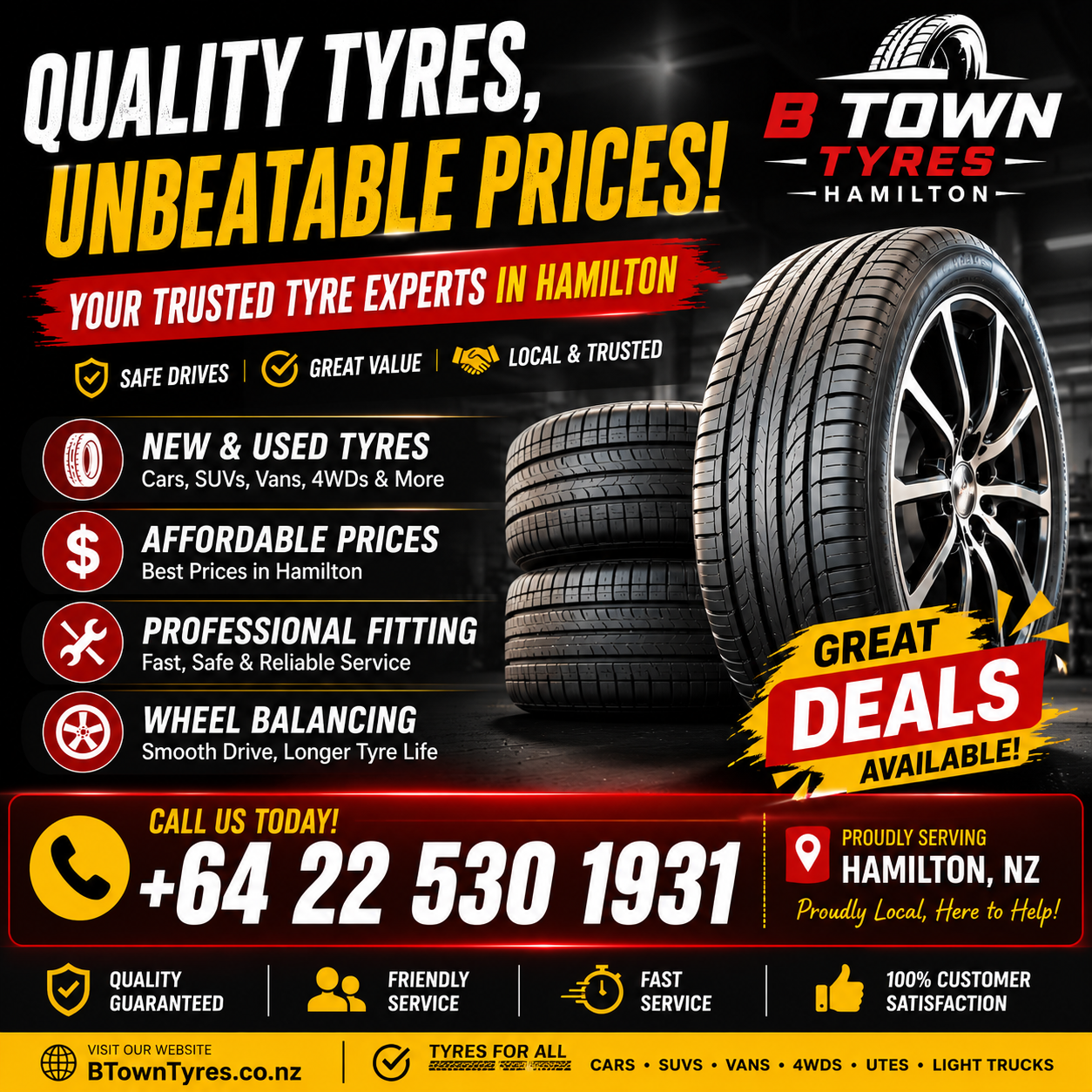 New and used tyres available at B Town Tyres Hamilton