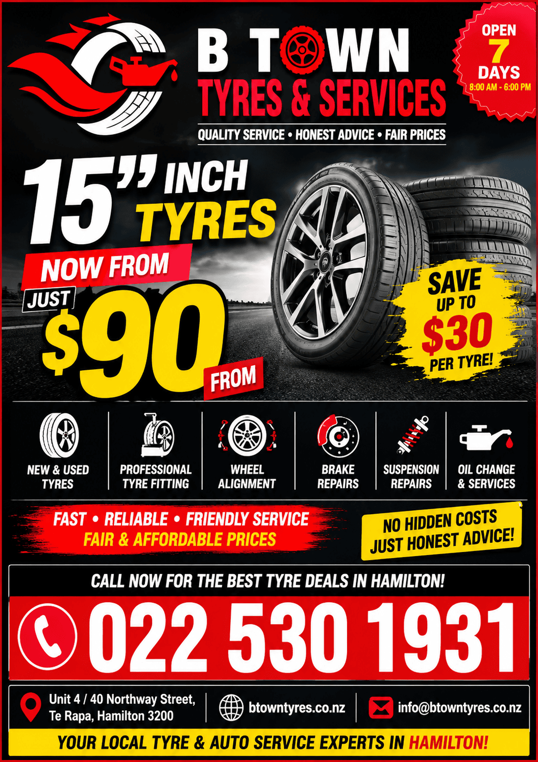 15-Inch Tyres From $90 in Hamilton - B Town Tyres & Services