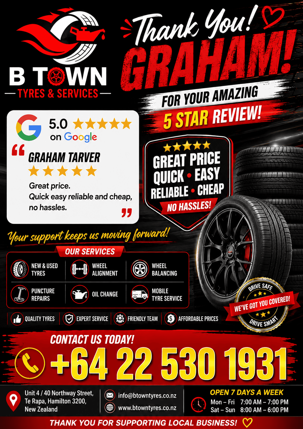⭐⭐⭐⭐⭐ Thank You Graham! 5-Star Google Review Best Tyre Shop in Hamilton B Town Tyres & Services