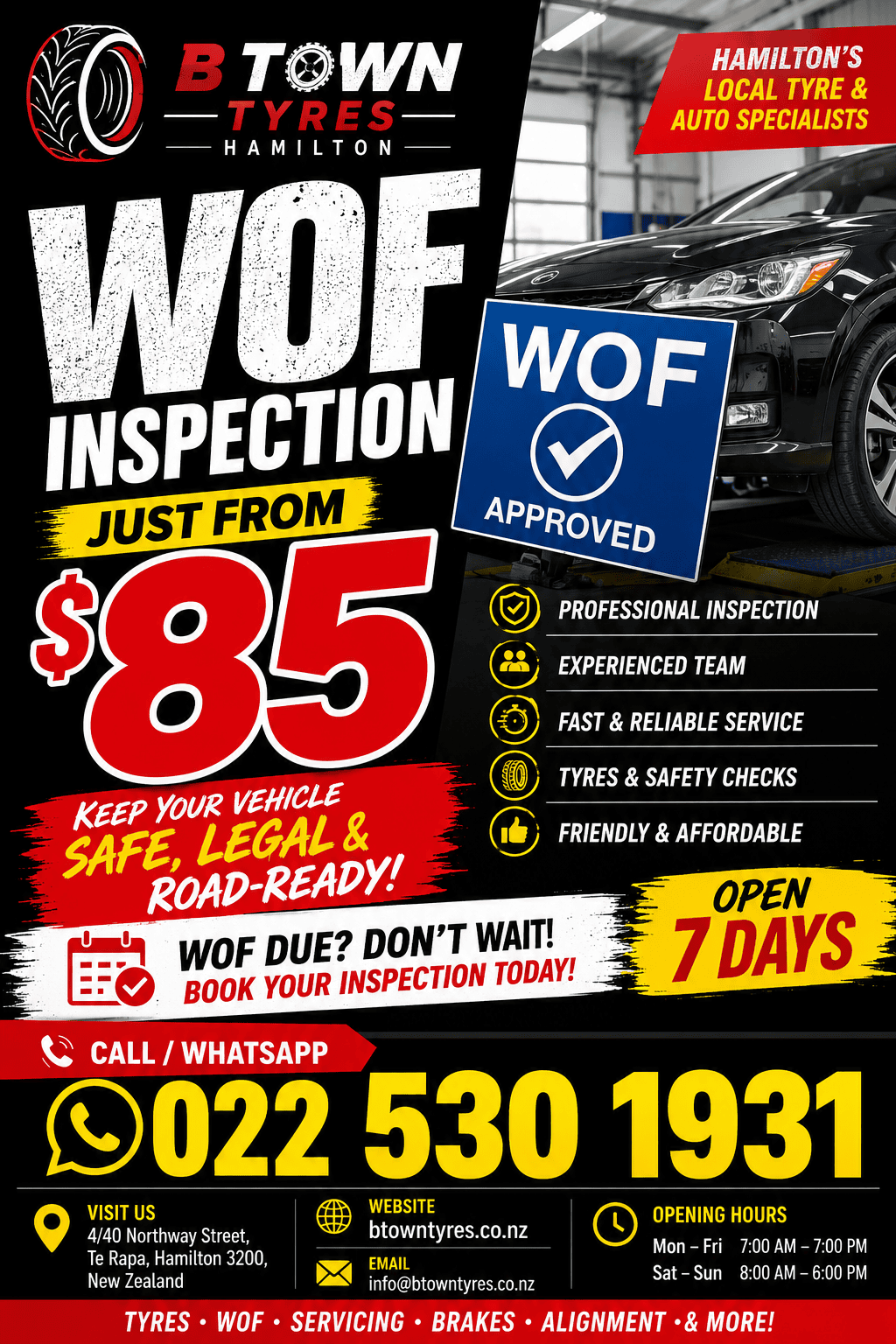 WOF Inspection Hamilton NZ from $85- B Town Tyres Te Rapa – Fast & Reliable Vehicle WOF Check