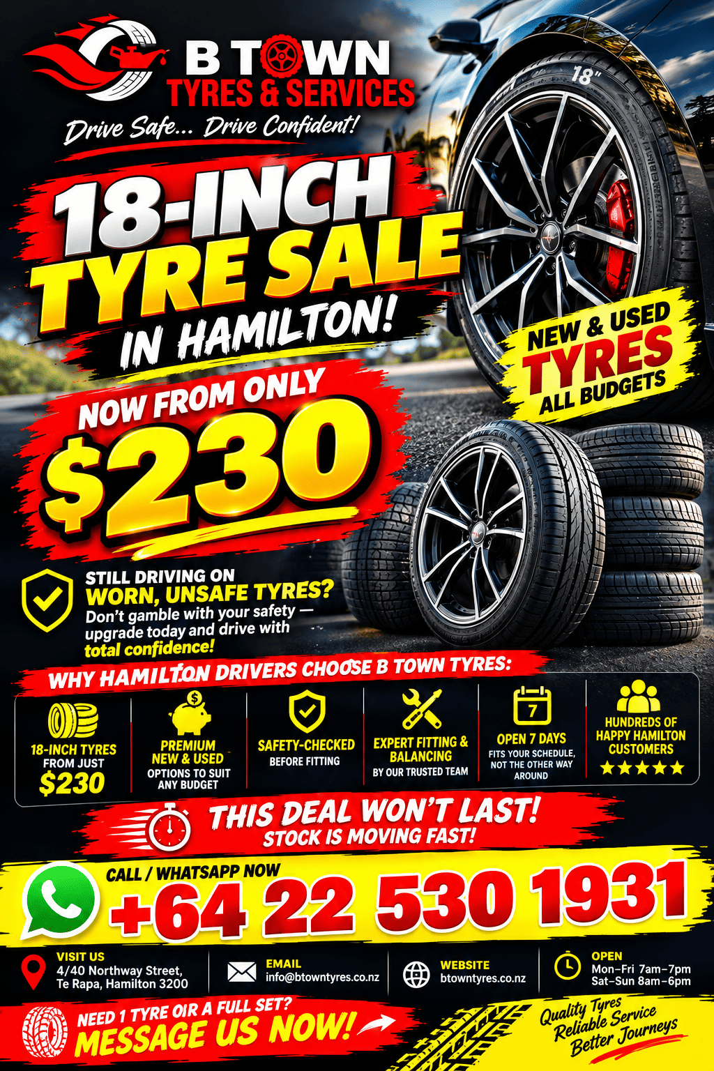 18 Inch Tyres From $230 in Hamilton - B Town Tyres & Services