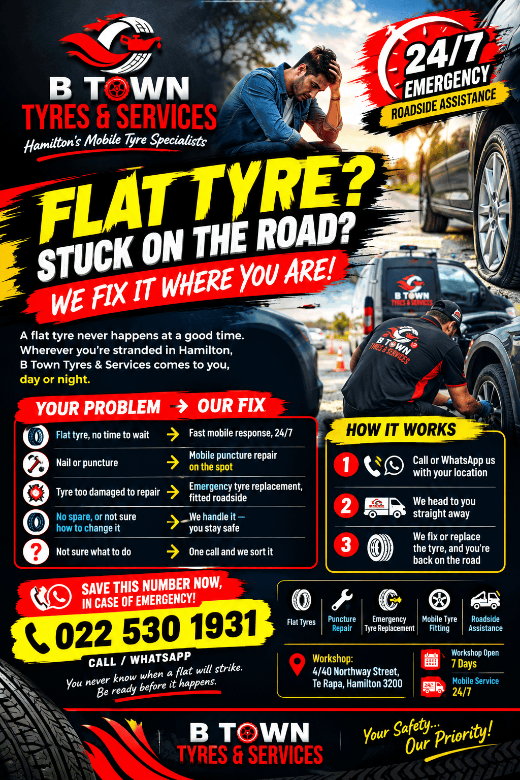Poster for B Town Tyres & Services offering 24/7 emergency flat tyre and roadside assistance in Hamilton. It shows the company logo, fixes for flat tyres, punctures and damaged tyres, a 3-step process (call, we come to you, back on the road), and the phone and WhatsApp number 022 530 1931.
