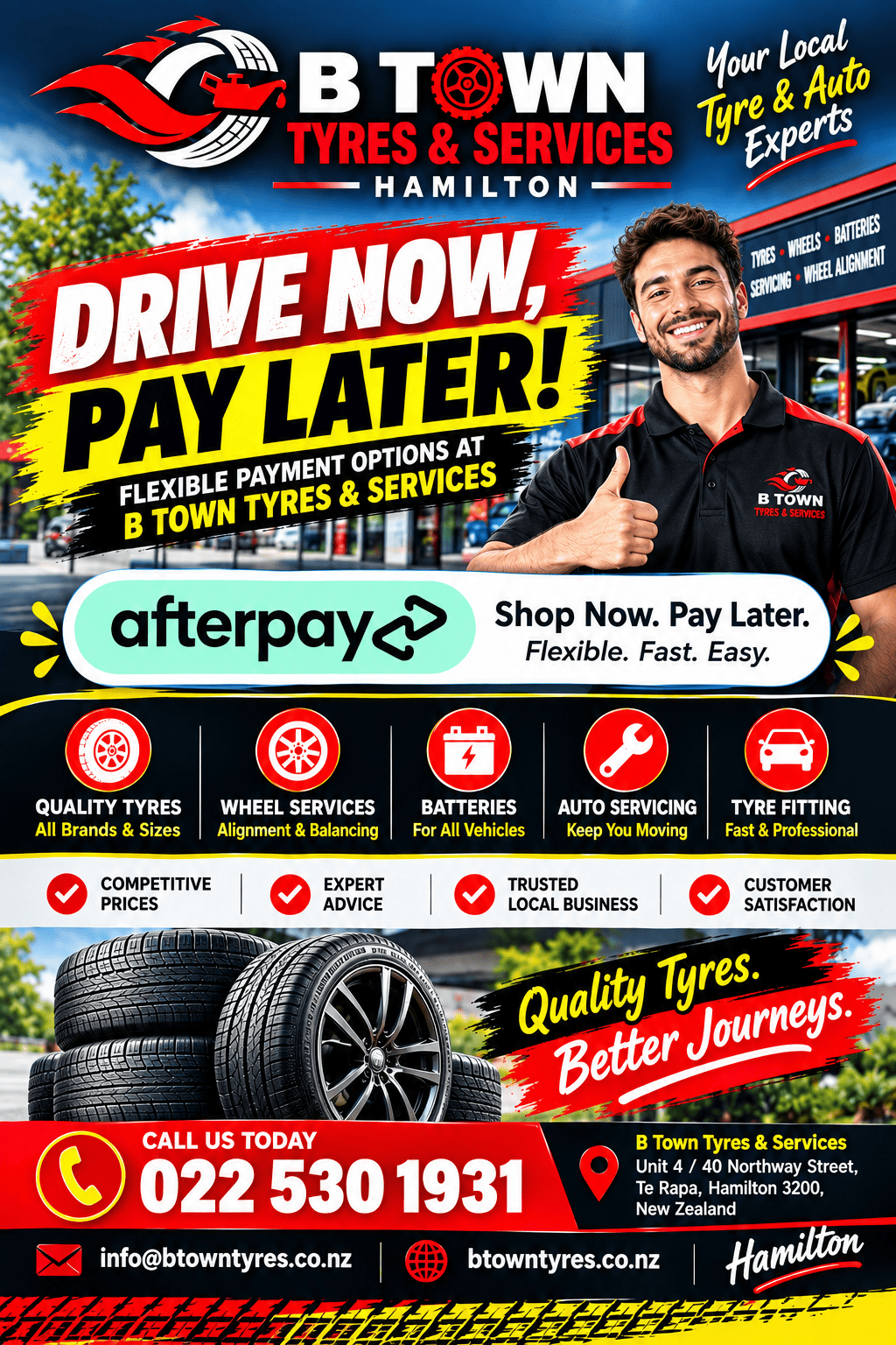 B Town Tyres & Services Hamilton – quality tyres, wheel services, car batteries and vehicle servicing with Afterpay and Zip Pay options in Te Rapa, Hamilton NZ