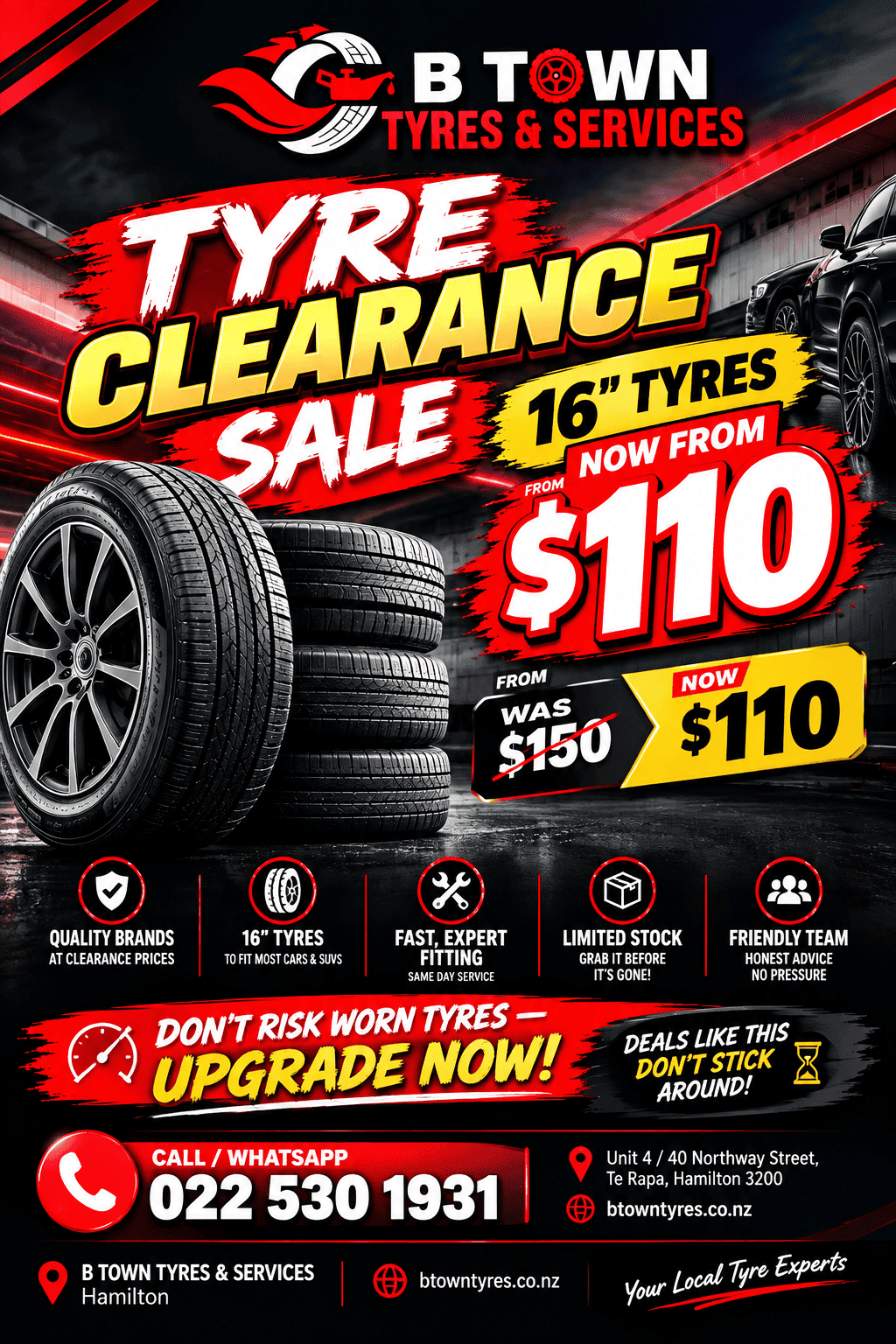 16 inch tyre clearance sale from $110 at B Town Tyres Hamilton