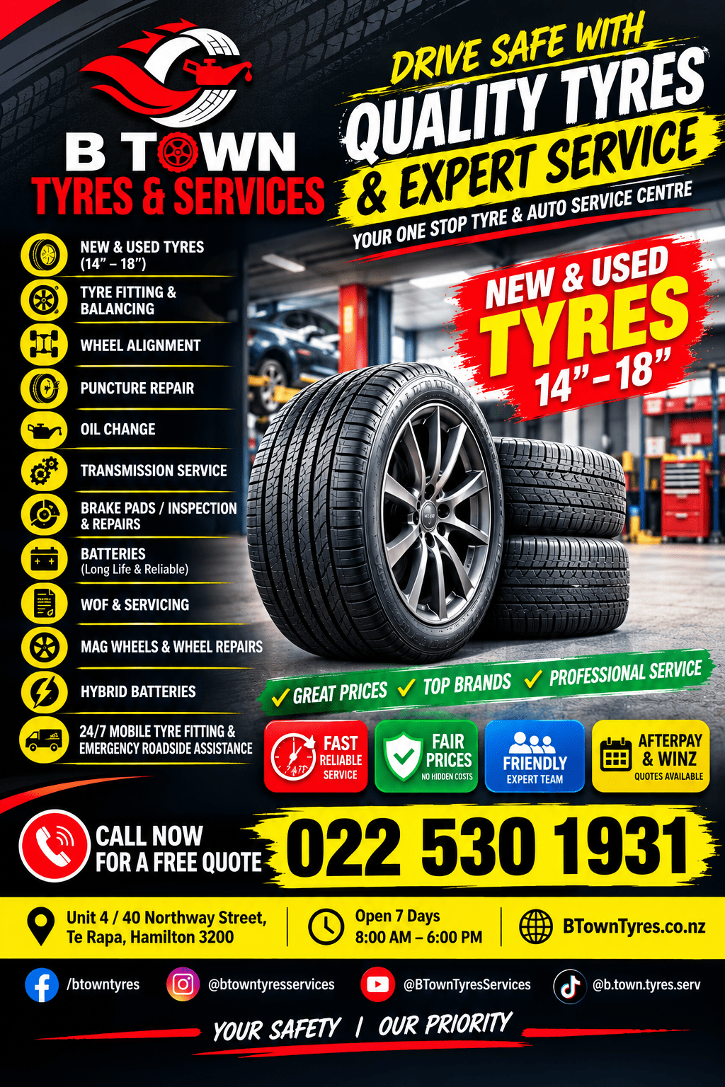 B Town Tyres and Services tyre shop in Te Rapa, Hamilton, offering new and used tyres, tyre fitting, wheel alignment and automotive services.