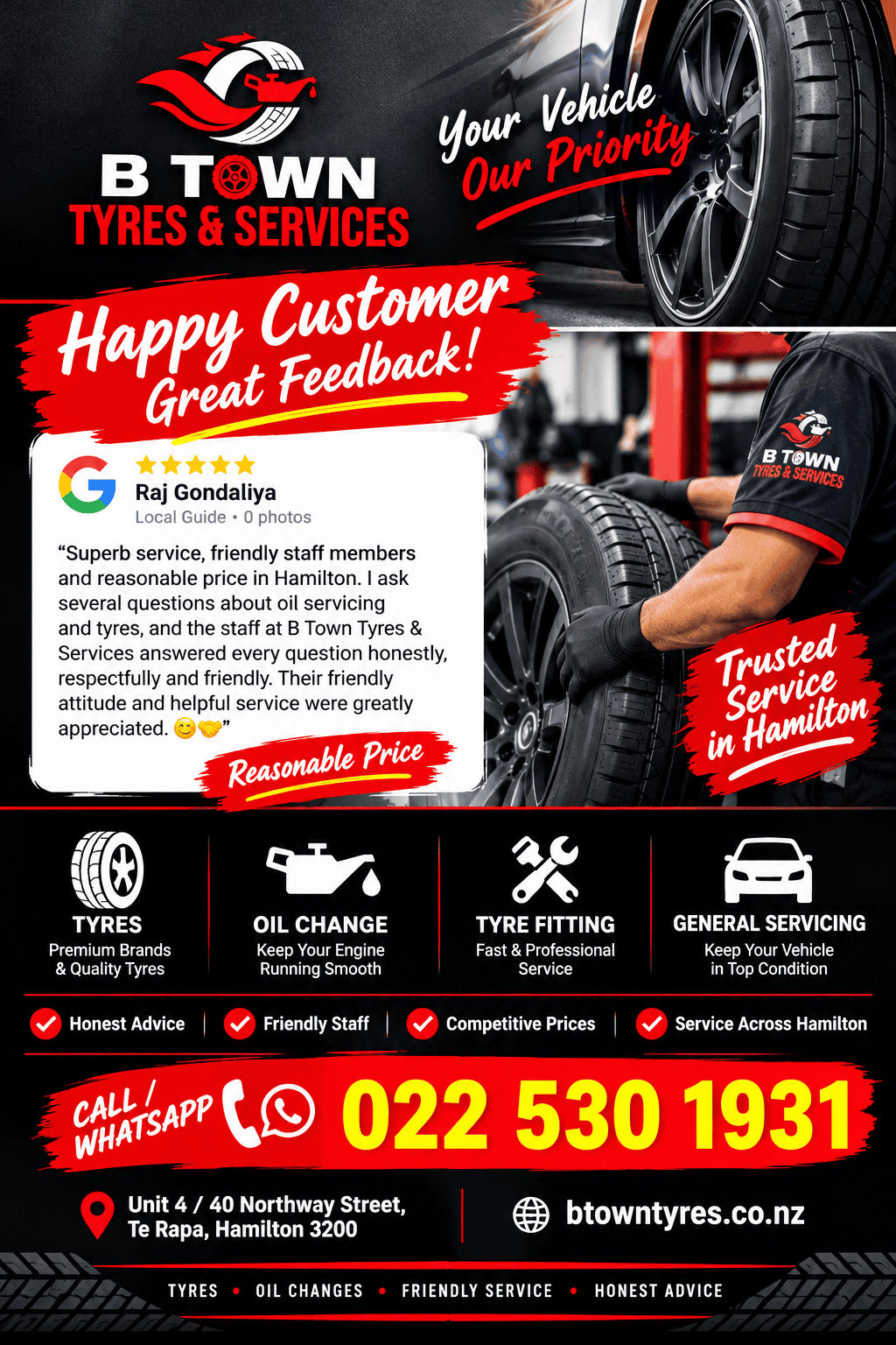 Happy customer review for B Town Tyres and Services in Hamilton featuring tyre fitting, oil change and friendly automotive service