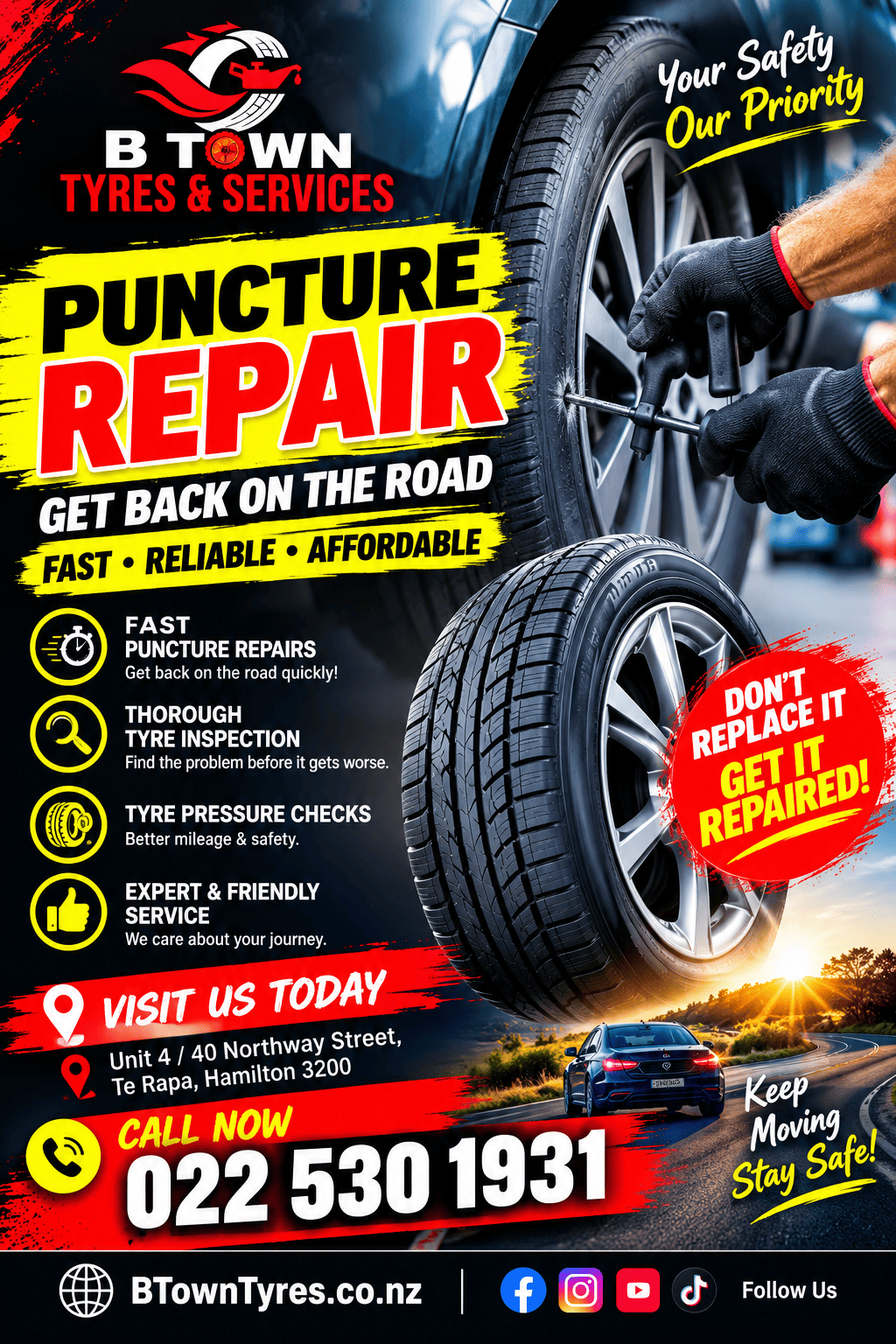 Puncture repair in Hamilton at B Town Tyres and Services, Te Rapa, with tyre inspection and repair services.