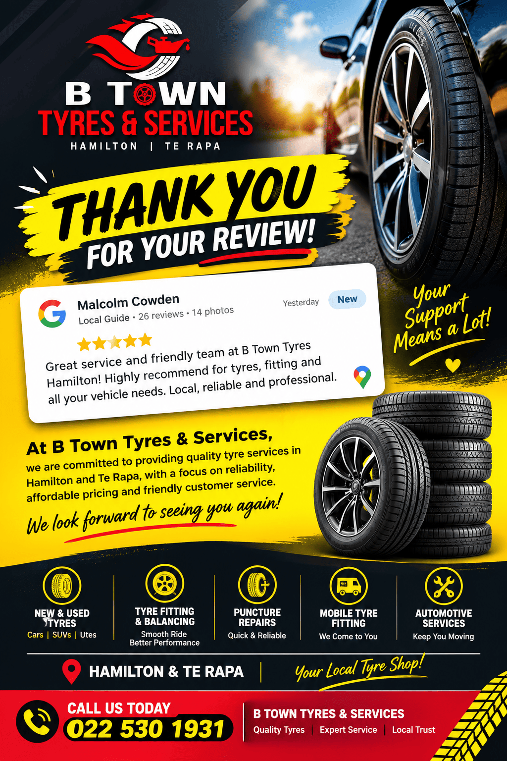 B Town Tyres and Services thanking customers for their support, offering new and used tyres, tyre fitting and automotive services in Hamilton and Te Rapa