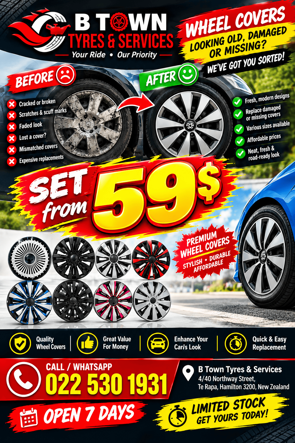 Affordable wheel covers from $59 at B Town Tyres & Services in Te Rapa Hamilton NZ, with wheel cover replacement for damaged or missing car wheel covers